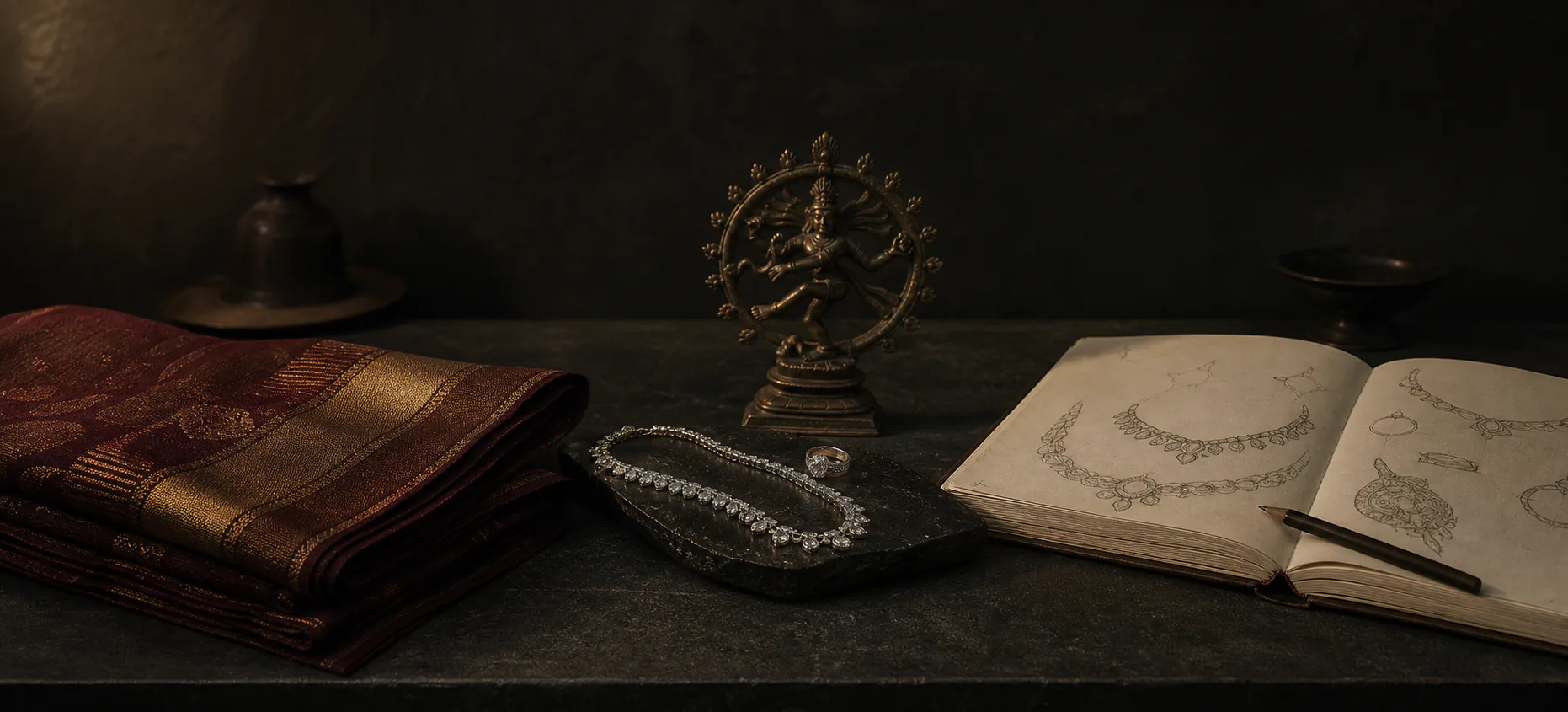 A curator's table with a folded sarée, diamond jewellery, bronze sculpture and archival sketchbook