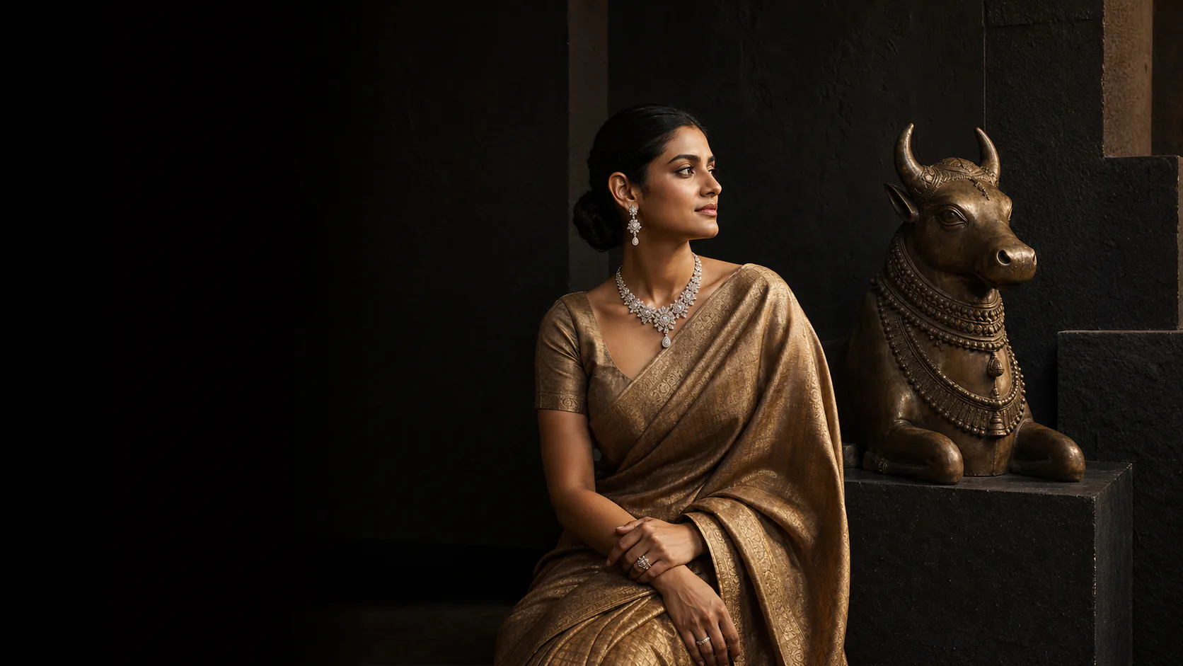 A woman in an antique-gold handwoven sarée wearing diamond jewellery beside a bronze Nandi sculpture