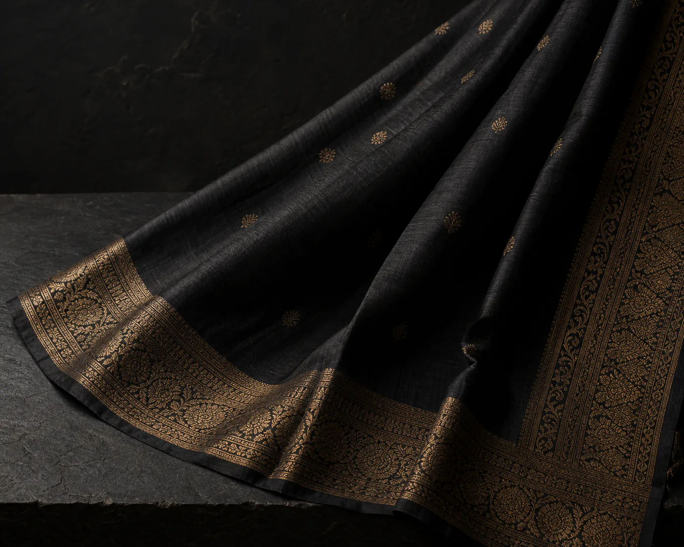 Black handwoven silk sarée with an intricate antique-gold zari border
