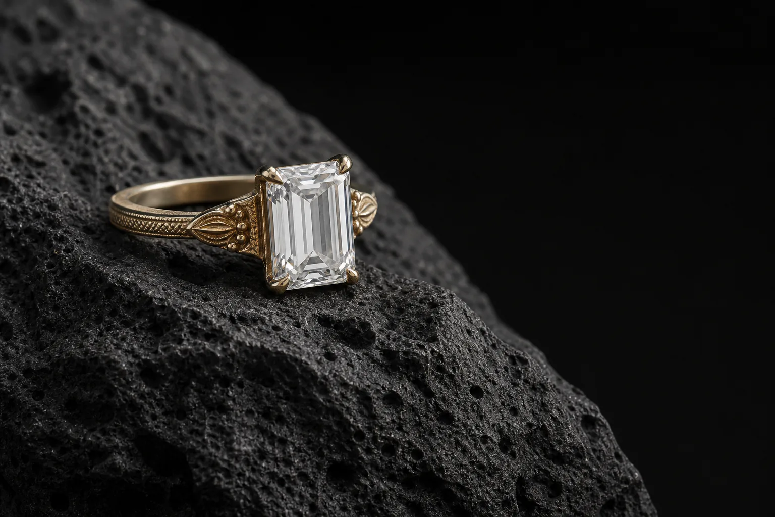 Emerald-cut lab-grown diamond ring resting on black volcanic stone